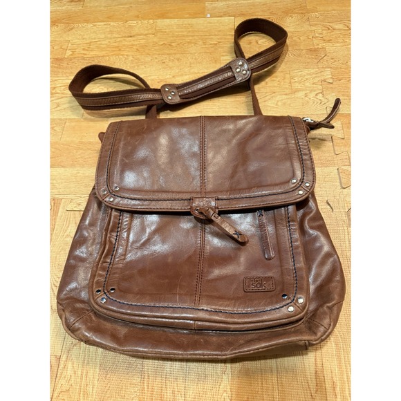 The Sak Handbags - The Sak Brown Leather Convertible Backpack Crossbody Bag Boho Studded